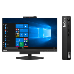 Imagem principal do conjunto modular All-in-One (AIO) empresarial recondicionado composto pelo monitor Lenovo ThinkCentre Tiny-in-One 22 Gen3 (21,5 polegadas Full HD) e pelo microcomputador de secretária Lenovo ThinkCentre M80q Tiny integrado. A fotografia frontal evidencia as margens finas do ecrã IPS de alta nitidez com acabamento antirreflexo, a câmara Web integrada com microfone e obturador de privacidade físico ThinkShutter, os altifalantes estéreo frontais e a base ergonómica ajustável em altura, inclinação e rotação. Uma solução AIO corporativa compacta, potente e sem cabos expostos disponível na JANSit, ideal para balcões de atendimento, postos de trabalho de escritório, centros de formação e secretárias partilhadas que exigem organização e poupança de espaço.
