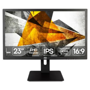 Imagem principal do monitor profissional empresarial recondicionado AOC I2375PQU de 23 polegadas com resolução Full HD (1920x1080). A fotografia em perspetiva frontal realça o painel IPS de ângulos de visão alargados (178°/178°) com acabamento mate antirreflexo e reprodução de cor fiel, ladeado por uma moldura fina ideal para configurações de múltiplos ecrãs lado a lado. O ecrã assenta sobre uma base ergonómica multifunções de grande estabilidade, equipada com regulação suave de altura (até 130 mm), inclinação vertical, rotação horizontal da base e articulação pivot a 90° para visualização em modo vertical. Um monitor de secretária fiável, ergonómico e de reduzido consumo disponível na JANSit, indispensável para gabinetes de contabilidade, desenvolvimento de software, redação jurídica e postos de trabalho de escritório intensivo.