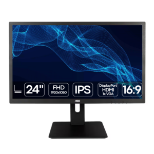 Imagem principal do monitor profissional empresarial recondicionado AOC I2475PXQU de 23,8 polegadas com resolução Full HD (1920x1080) e formato 16:9. A fotografia frontal destaca o ecrã com painel IPS de fidelidade de cor consistente, acabamento mate antirreflexo e amplos ângulos de visualização de 178°, emoldurado por um perfil fino concebido para postos de trabalho modernos e montagens multiecrã contínuas. A unidade assenta sobre uma coluna de suporte ergonómica robusta com amplitude completa de regulação: ajuste de altura em 130 mm, rotação horizontal da base (swivel), inclinação frontal/traseira (tilt) e rotação vertical a 90° (pivot) para leitura confortável de documentos longos ou código de programação. O monitor inclui ainda colunas de som embutidas de 2W e tecnologias Flicker-Free e Low Blue Light para proteção ocular em jornadas prolongadas. Um monitor de secretária fiável, versátil e energeticamente eficiente disponível na JANSit, indispensável para escritórios corporativos, gabinetes jurídicos, departamentos financeiros e programadores.