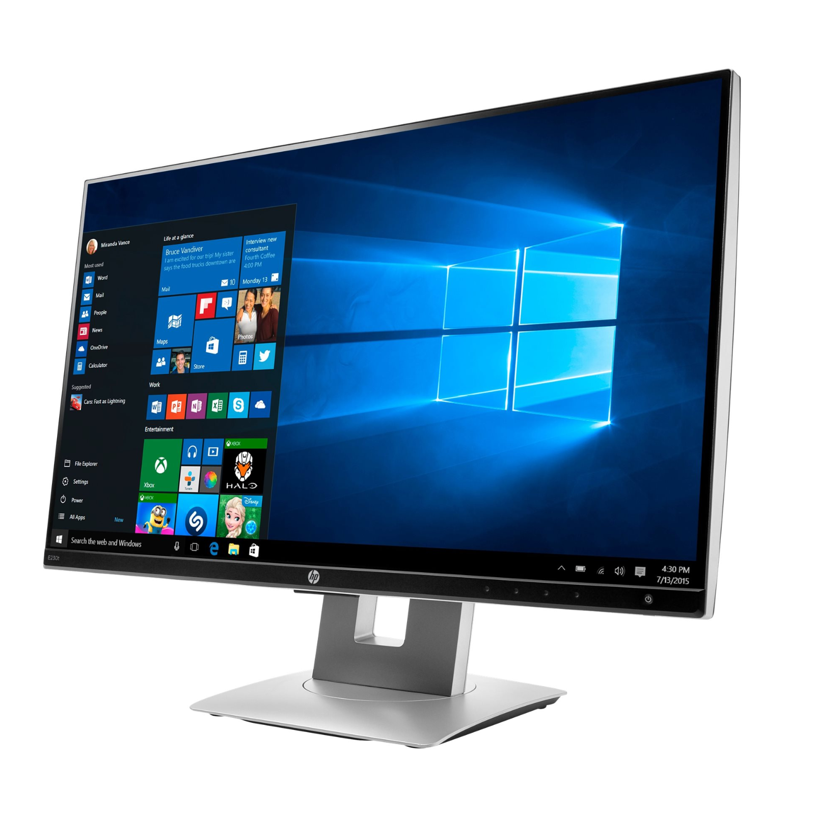 Vista do perfil lateral direito do monitor tátil profissional recondicionado HP EliteDisplay E230t de 23 polegadas Full HD. A imagem evidencia o acabamento sóbrio em preto e prata corporativo, o desenho esguio do painel de perfil reduzido com margem micro-edge e os botões de controlo do menu OSD (On-Screen Display) discretamente integrados na moldura para afinação rápida de brilho, contraste e calibração de cor. A robusta base ergonómica de suporte oferece estabilidade total contra oscilações provocadas pela pressão do toque no ecrã. Um monitor tátil de elevado padrão disponível na JANSit, ideal para balcões de atendimento, postos de consulta interativa, receções e secretárias partilhadas.