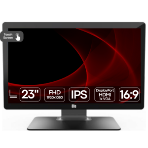 Imagem principal do monitor tátil profissional recondicionado HP EliteDisplay E230t (tecnologia de toque capacitiva / colaboração HP Elo touch) de 23 polegadas com resolução Full HD (1920x1080). A vista frontal evidencia o design moderno com moldura ultrafina micro-edge em três lados (ideal para configurações multiecrã sem descontinuidade visual), ecrã IPS de elevada precisão cromática com tratamento antirreflexo e reconhecimento multitoque de até 10 pontos de contacto em simultâneo com resposta rápida sem desfasamento. Inclui suporte ergonómico completo com ajuste de altura, inclinação e rotação. Um monitor tátil corporativo robusto e elegante disponível na JANSit, perfeito para postos de trabalho interativos, gabinetes de atendimento bancário ou hospitalar, terminais de ponto de venda (POS) avançados e receções modernas.