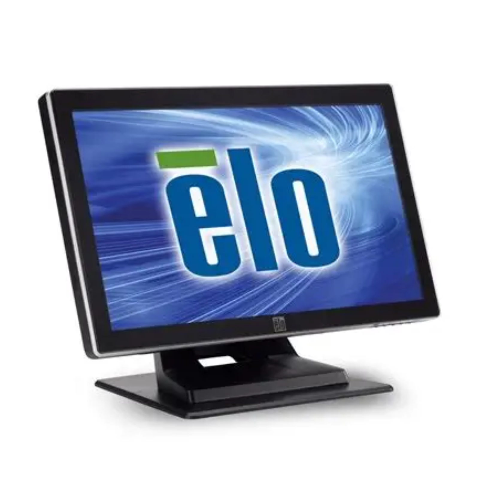 Vista do perfil lateral esquerdo do monitor tátil profissional recondicionado Elo TouchSolutions 1919L / ET1919L de 18,5 polegadas em formato panorâmico. A imagem destaca a robusta dobradiça com amplitude de inclinação ergonómica para ajuste do ângulo de visão conforme a postura do utilizador (em pé ou sentado), o chassi espesso com acabamento industrial resistente a impactos e a base de secretária de elevado peso com apoios em borracha que garantem estabilidade total durante toques rápidos e contínuos. Um ecrã comercial de longa durabilidade disponível na JANSit, perfeito para terminais de atendimento, pontos de venda (POS) de restauração e balcões de expedição logística.