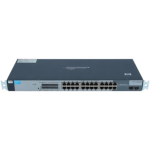 Imagem principal do switch de rede empresarial gerível recondicionado HP ProCurve / HPE 1800-24G (J9028B / J9028A). A vista frontal destaca a disposição das 24 portas Gigabit Ethernet 10/100/1000 Mbps com auto-MDIX para ligações de alta velocidade e baixa latência sem necessidade de cabos crossover, complementadas por 2 portas combinadas (dual-personality) Gigabit SFP para uplinks de fibra ótica a longa distância. O painel inclui indicadores LED frontais de atividade e velocidade por porta, botão de reset e design compacto de 1U com refrigeração passiva sem ventoinhas (fanless), garantindo uma operação completamente silenciosa. Um equipamento de comutação Web-managed de comprovada fiabilidade corporativa disponível na JANSit, perfeito para escritórios abertos, pequenas empresas, consultórios e armários de bastidor onde o ruído e o consumo energético são fatores críticos.