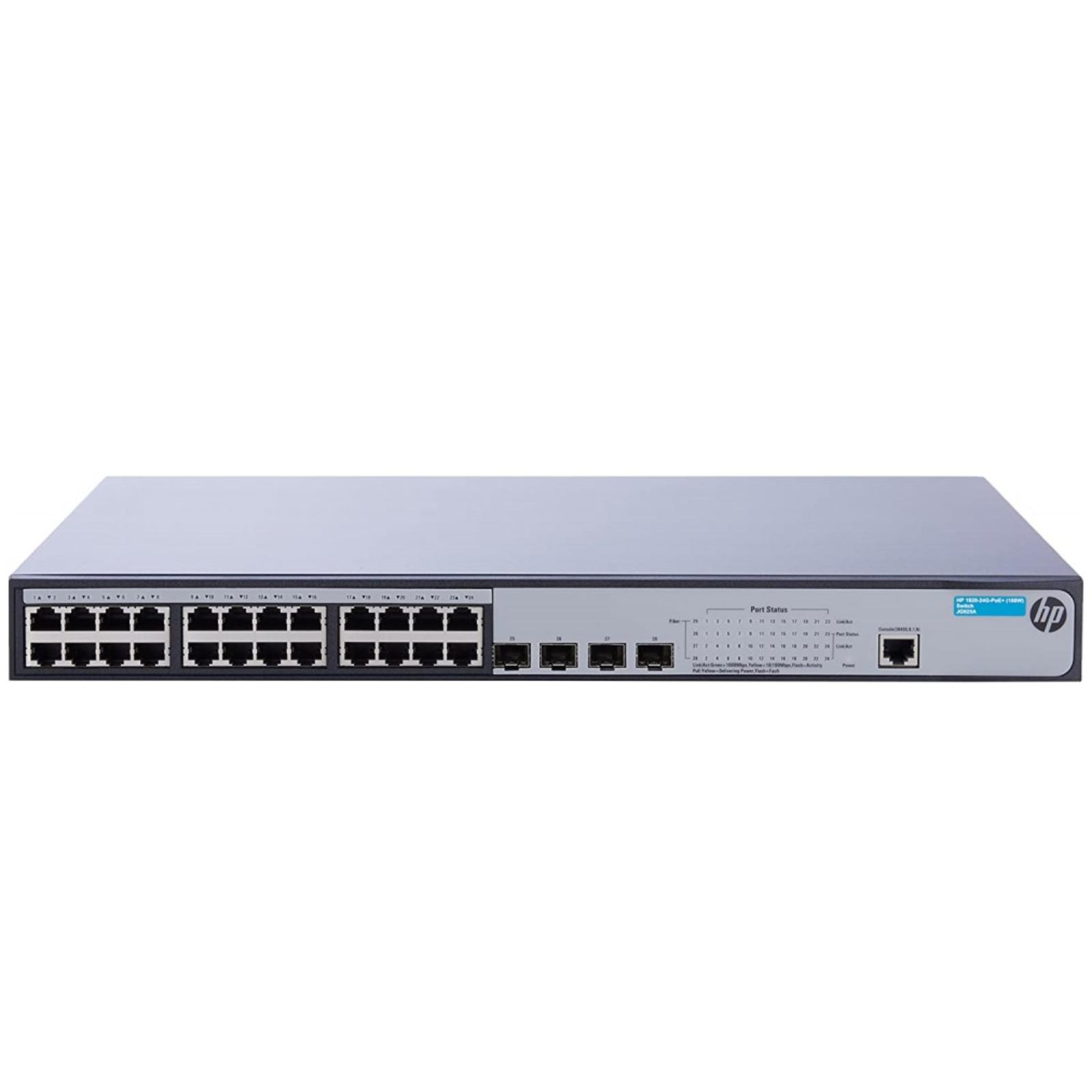 Imagem principal do switch de rede empresarial gerível recondicionado HPE OfficeConnect 1920-24G (JG924A). A fotografia frontal destaca a arquitetura de rede de nível corporativo em formato rackmount de 1U (19 polegadas), integrando 24 portas Gigabit Ethernet 10/100/1000 Mbps com deteção automática MDI/MDIX para ligar computadores, servidores e periféricos com débito máximo sem estrangulamentos, complementadas por 4 portas SFP Gigabit dedicadas para ligações uplink por fibra ótica a longas distâncias. O painel inclui indicadores LED de estado individual por porta para monitorização imediata de tráfego e atividade de rede. Um equipamento de rede Smart Managed fiável, estável e acessível disponível na JANSit, essencial para infraestruturas de PME, escritórios partilhados, salas de servidores e expansão de cablagem estruturada.