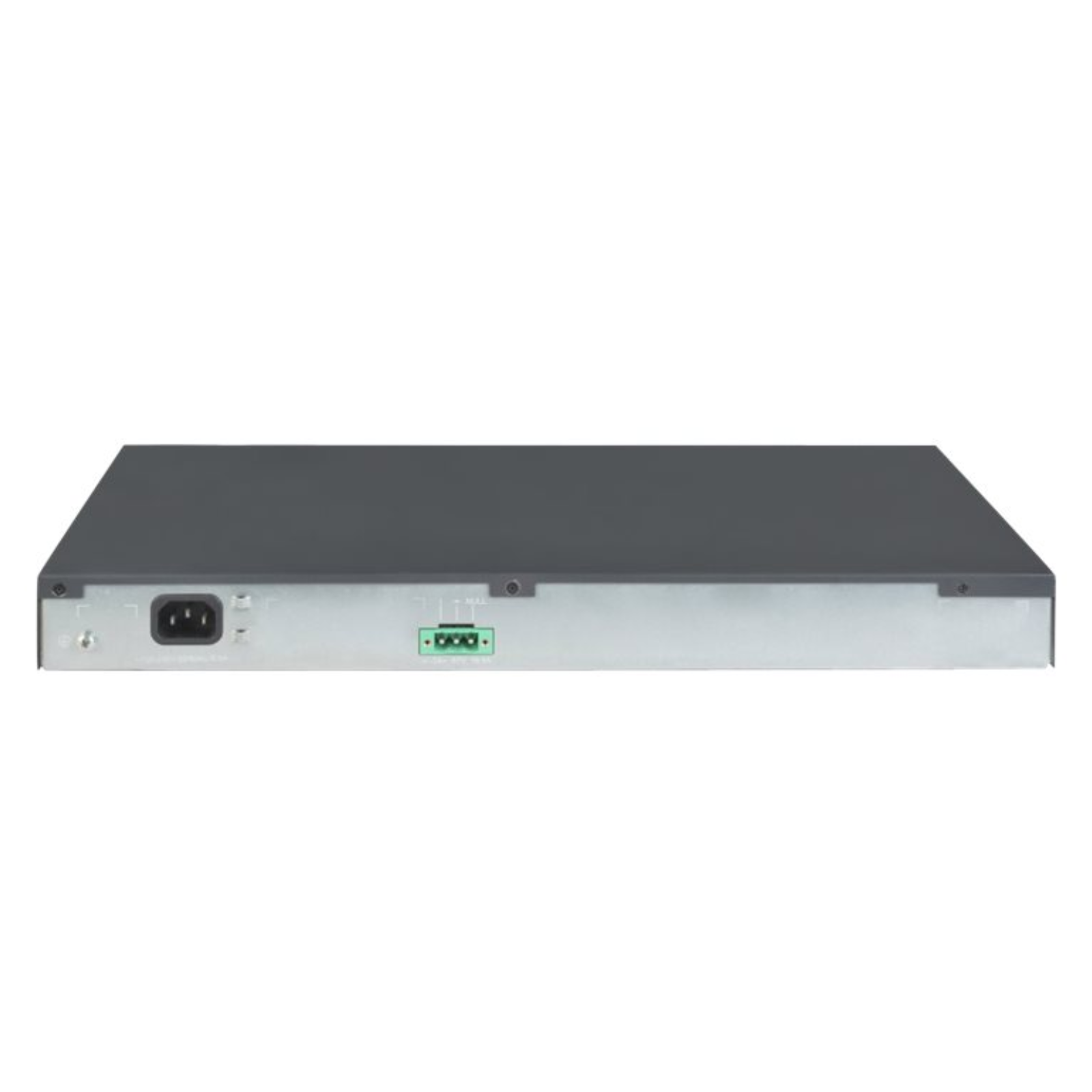 Vista detalhada do painel traseiro do switch de rede empresarial gerível recondicionado HPE OfficeConnect 1920-24G (código de modelo JG924A). A imagem evidencia a fonte de alimentação interna integrada com conector padrão de corrente alternada IEC C14 (eliminando a necessidade de transformadores externos e simplificando a cablagem dentro do bastidor), o parafuso terminal dedicado para ligação à terra de proteção contra sobretensões elétricas e a ranhura de segurança antifurto Kensington para instalações abertas ou de bancada. Um equipamento de comutação fiável e de eficiência energética comprovada disponível na JANSit, essencial para montagens limpas e seguras em armários de bastidor de 19 polegadas, CPDs e salas técnicas de telecomunicações.